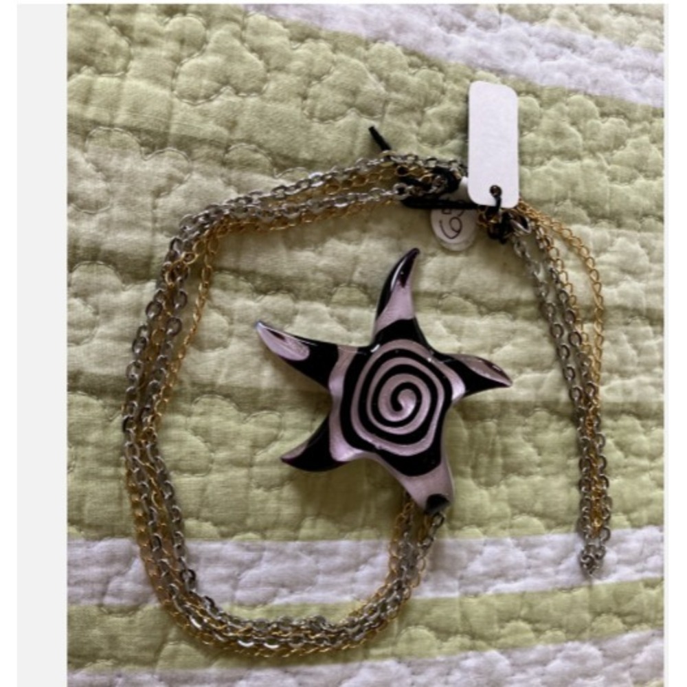 Black & Lilac Pink White Glass Starfish Pendant 15" Necklace Gold Silver Chain